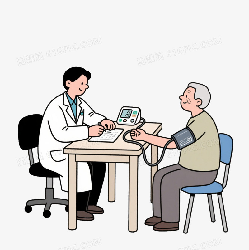 插画医生在给一个老爷爷量血压免抠元素