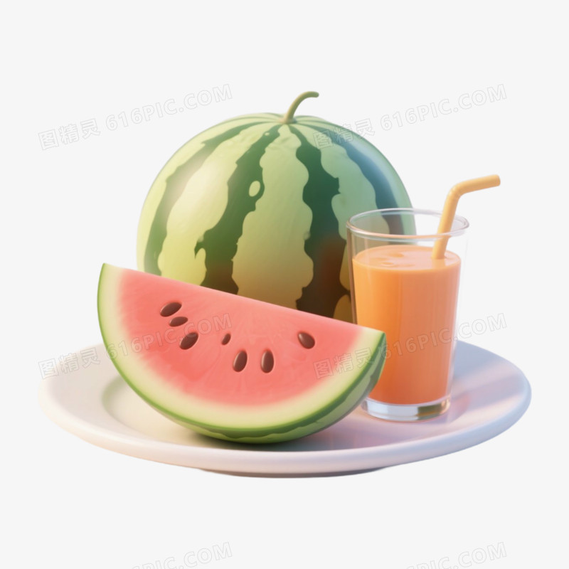 3D夏天西瓜和果汁免抠元素
