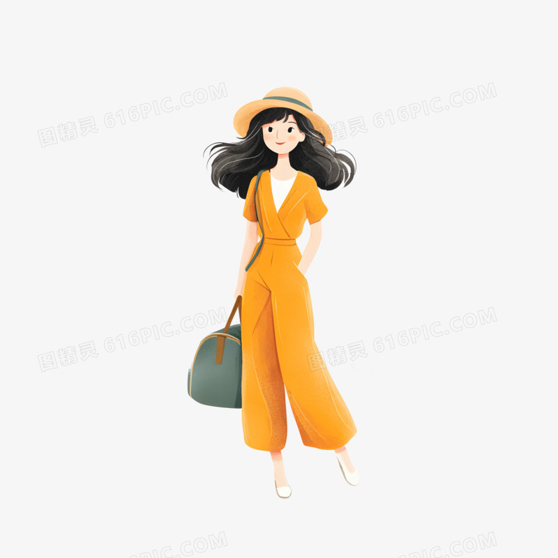 手绘卡通一个人旅游旅行免抠元素