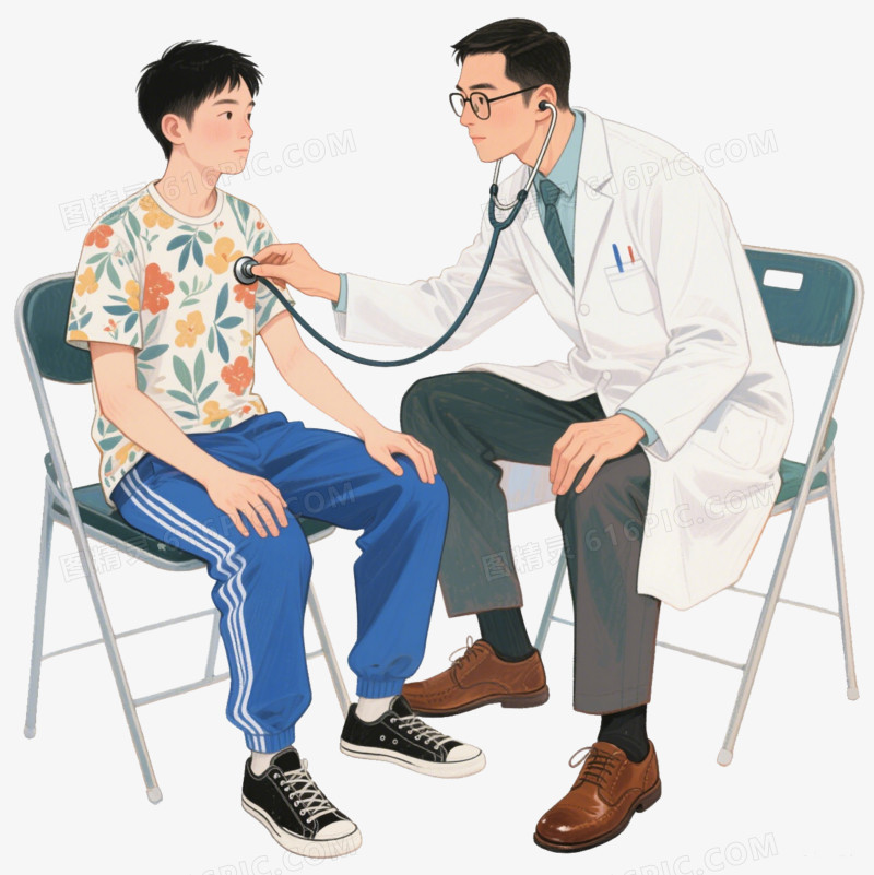 插画医生在用听诊器给一个男学生听诊免抠元素
