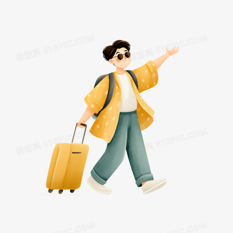 手绘卡通一个人旅游旅行免抠元素