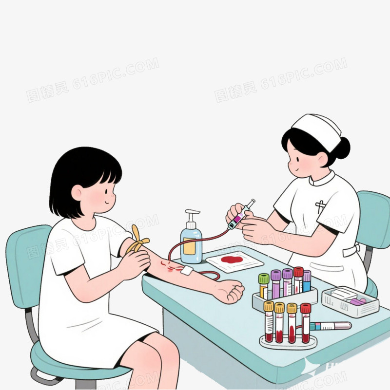 插画护士在给一个女孩抽血免抠元素