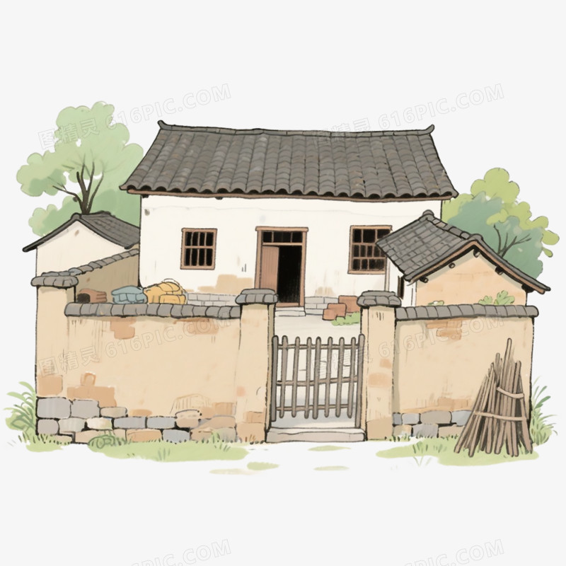 手绘插画风农家小院免抠元素