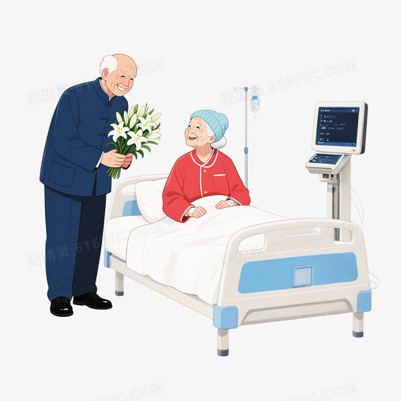 手绘插画风格医院探望病人接病人出院免抠元素
