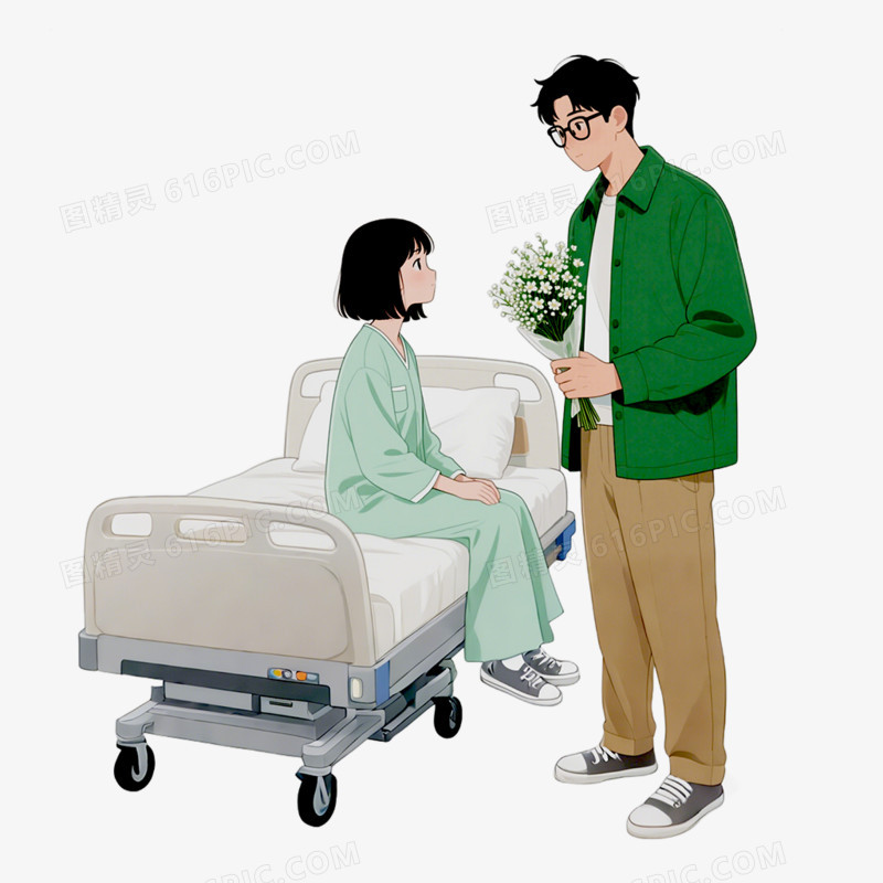 手绘插画风格医院探望病人接病人出院免抠元素
