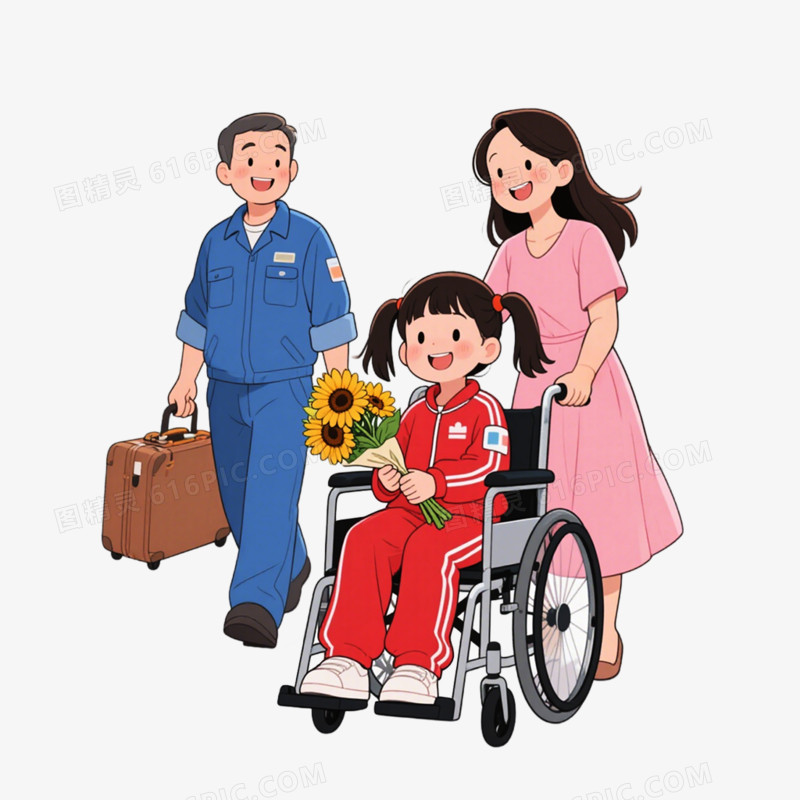 手绘插画风格医院探望病人接病人出院免抠元素