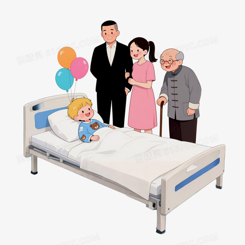 手绘插画风格医院探望病人接病人出院免抠元素