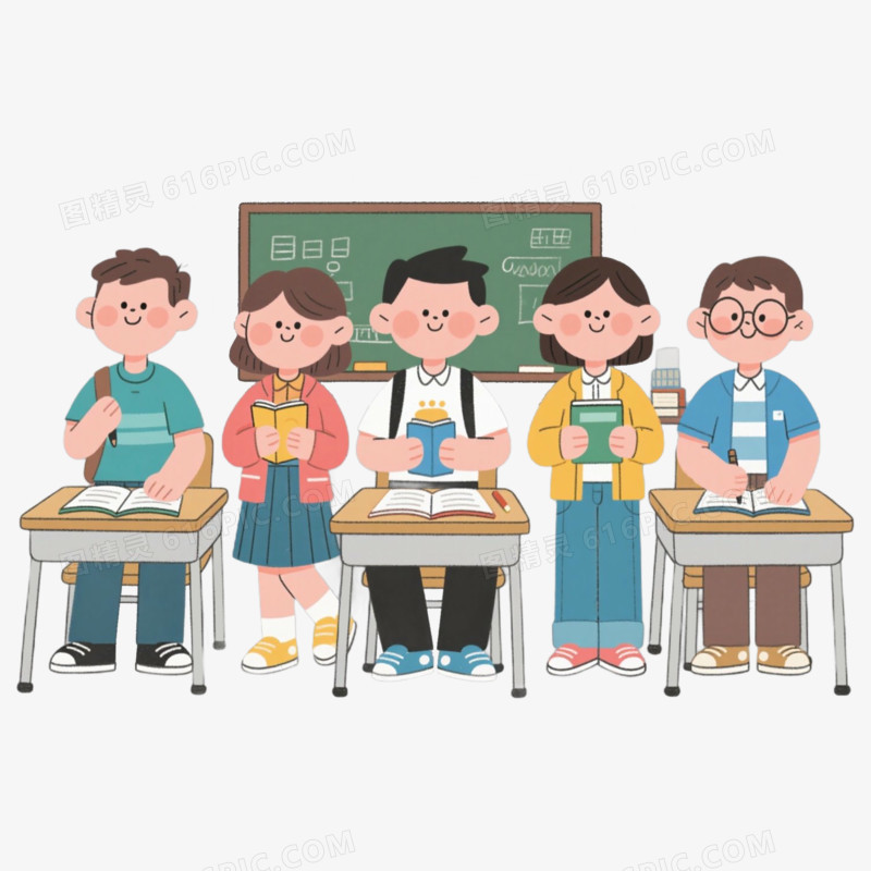 黑板前学生读书上学场景免抠元素