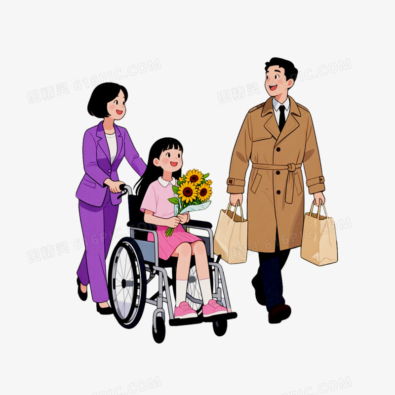 手绘插画风格医院探望病人接病人出院免抠元素