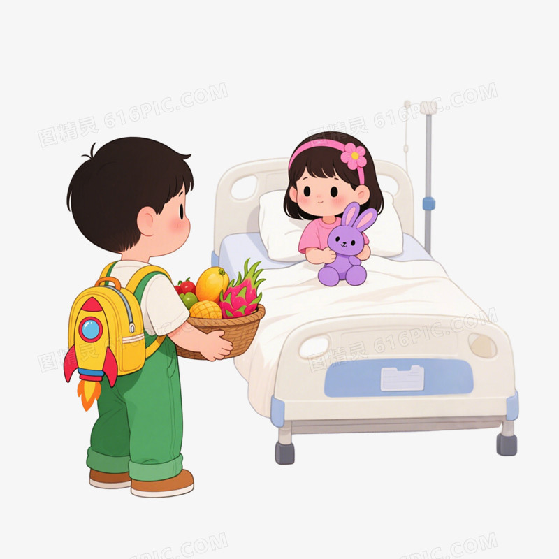 手绘插画风格医院探望病人接病人出院免抠元素