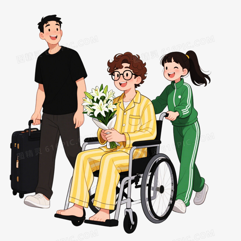 手绘插画风格医院探望病人接病人出院免抠元素