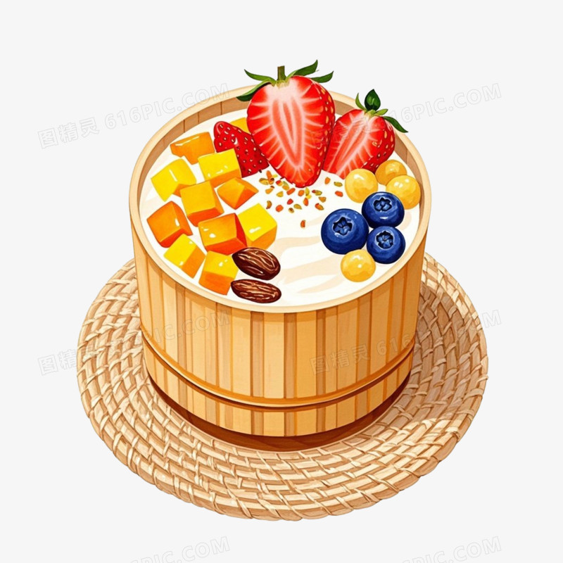 手绘卡通一个竹筒里放着草莓蓝莓水果捞免抠元素