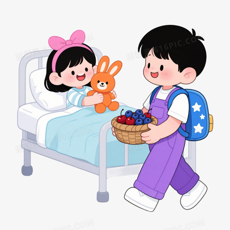 手绘插画风格医院探望病人接病人出院免抠元素
