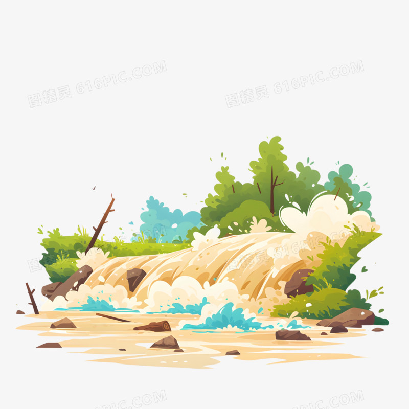 手绘卡通山洪泥石流免抠元素