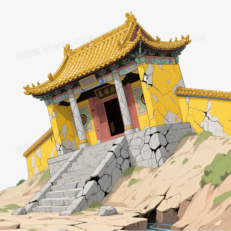 卡通地震倾倒的寺庙免抠元素