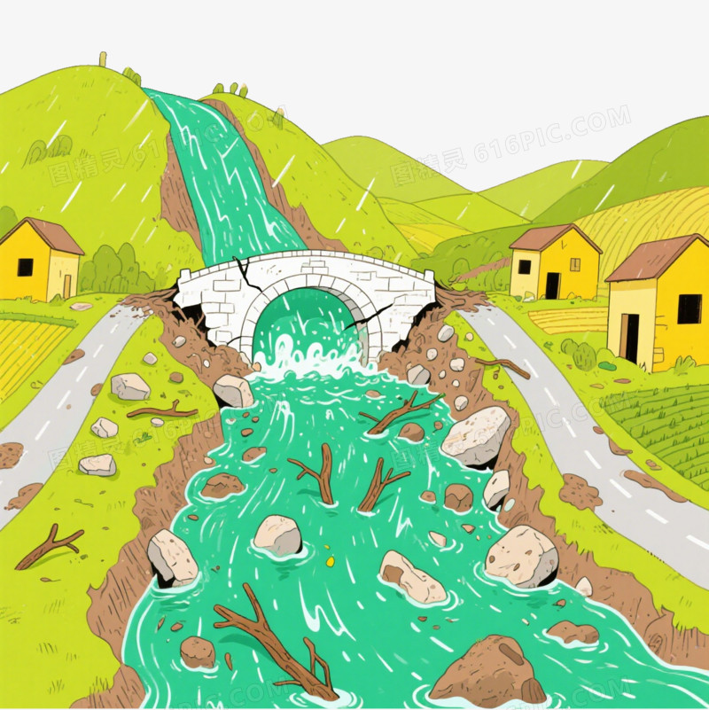 卡通洪水灾害冲坏桥梁免抠元素