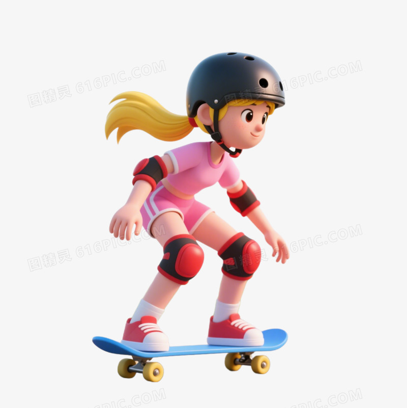 3D卡通玩滑板的小女孩免抠元素