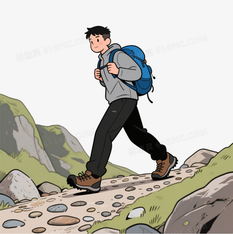 手绘卡通背着登山包登山的年轻男人免抠元素