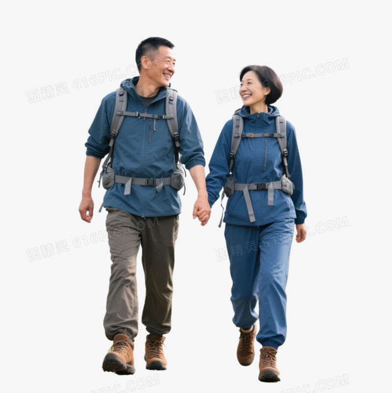 摄影一对夫妻背着登山包登山免抠元素