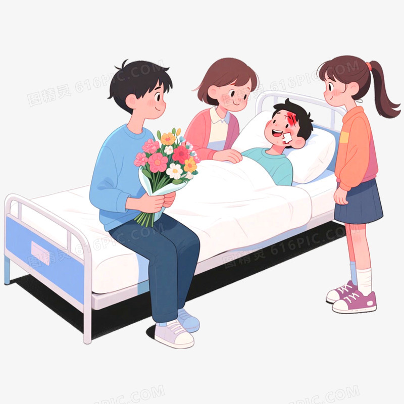 手绘插画病房探病免抠元素