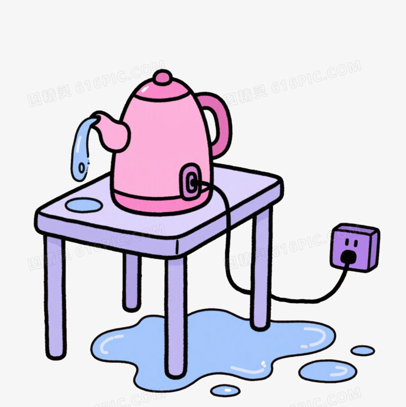手绘卡通烧开的水壶撒了一地的水免抠元素