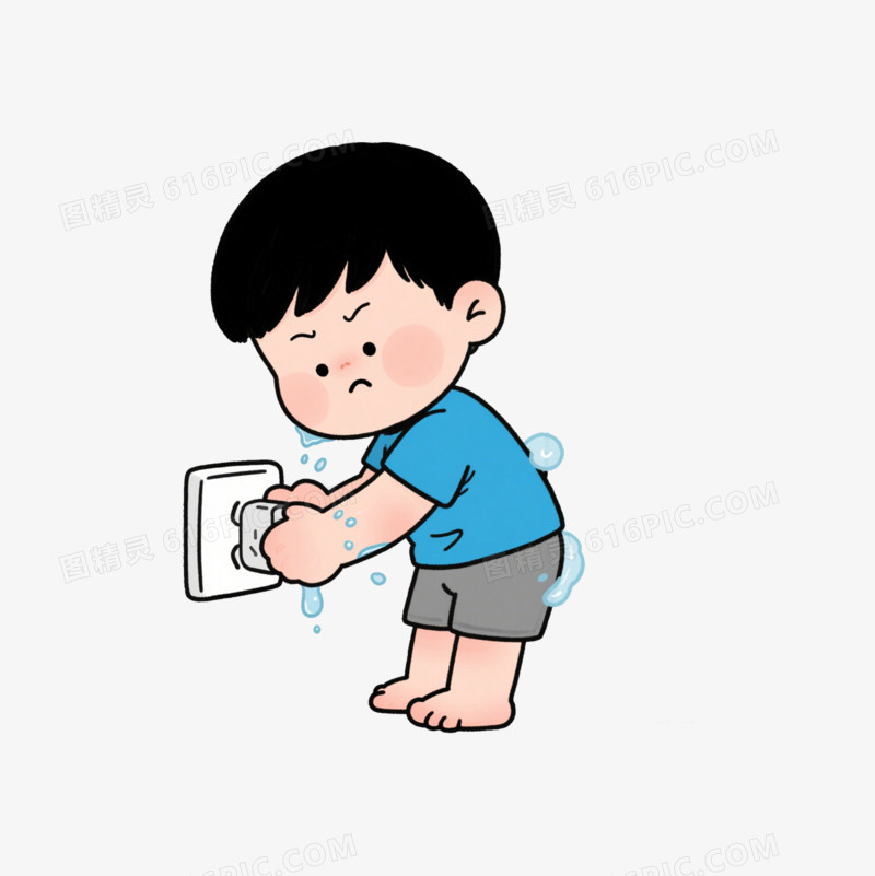 手绘卡通小男孩用湿手触摸开关免抠元素