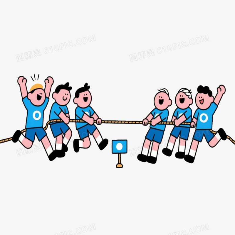 手绘卡通几个男孩在进行拔河比赛免抠元素