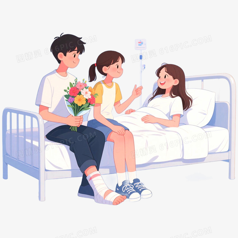 手绘插画病房探病免抠元素
