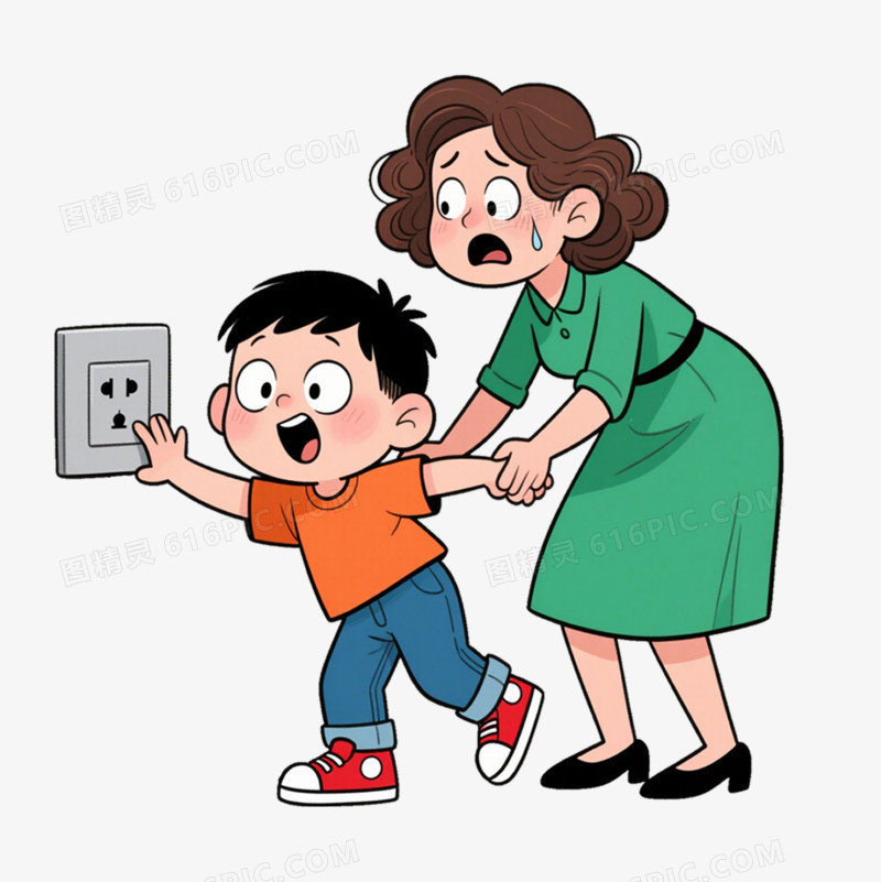 手绘卡通妈妈拉住要触摸插座的小男孩免抠元素