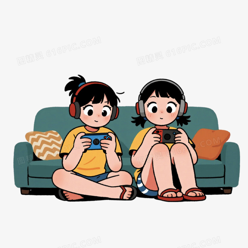 手绘插画风格打游戏免抠元素