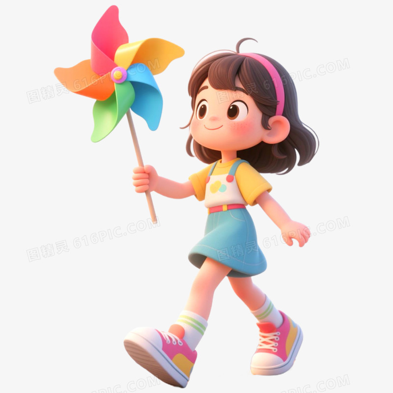 3D立体人物玩风车免抠元素