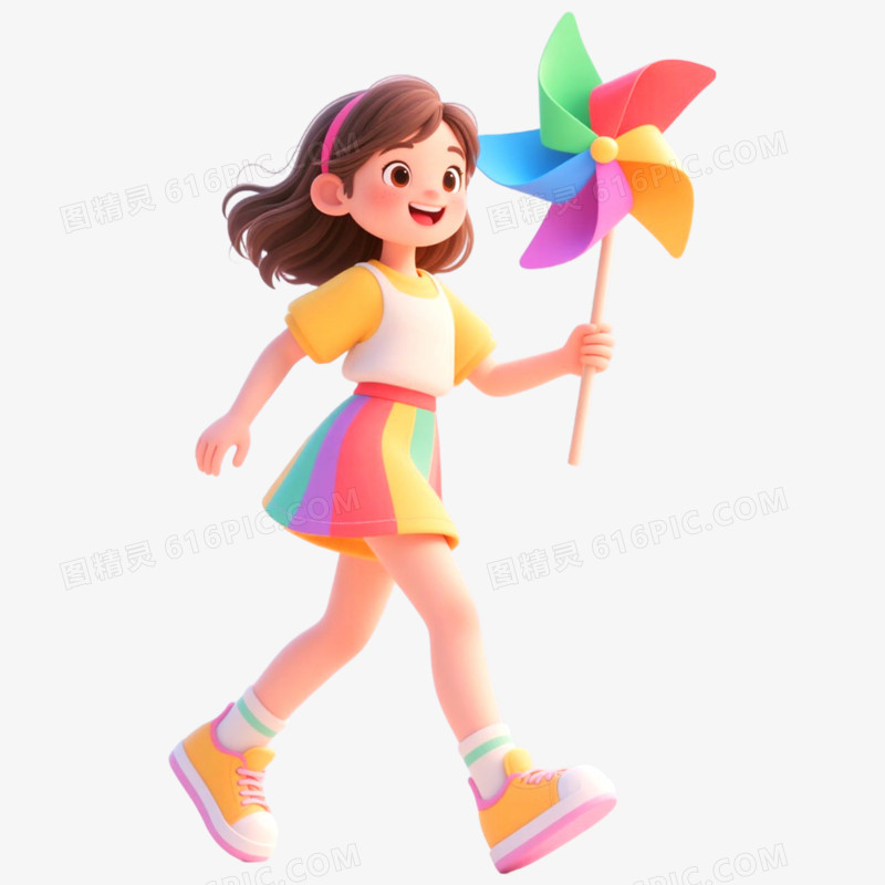 3D立体人物玩风车免抠元素