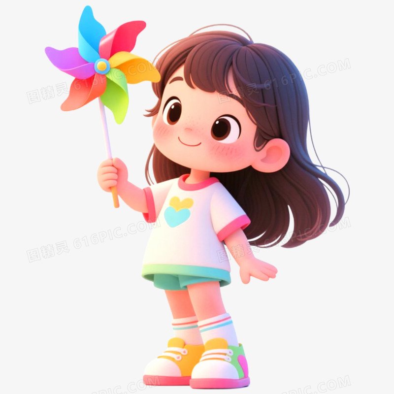 3D立体人物玩风车免抠元素