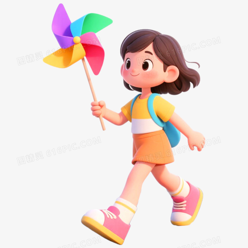3D立体人物玩风车免抠元素