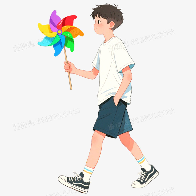 手绘插画人物玩风车免抠元素