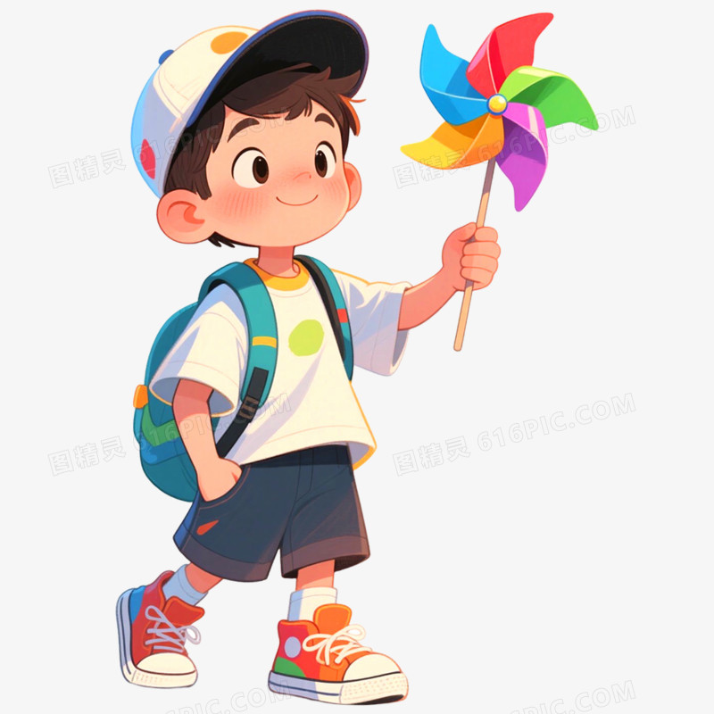 手绘插画人物玩风车免抠元素