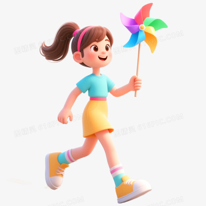 3D立体人物玩风车免抠元素