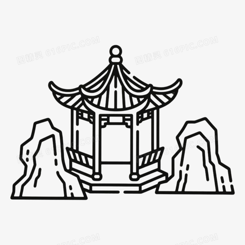 沧浪亭假山古风古建筑简笔画免抠元素