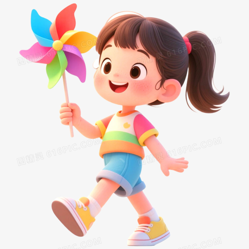 手绘插画人物玩风车免抠元素