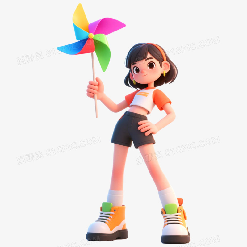 3D立体人物玩风车免抠元素