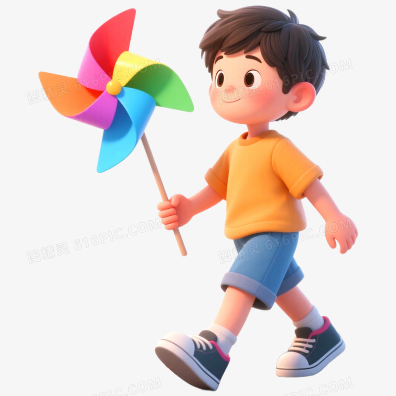 3D立体人物玩风车免抠元素