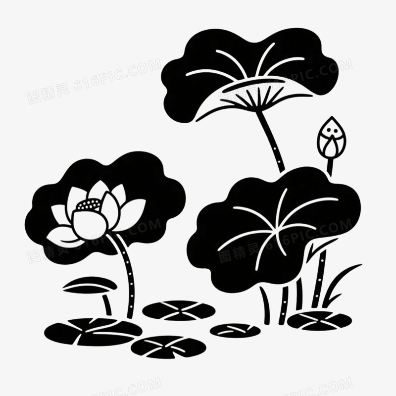 荷花莲花荷叶古风古建筑简笔画免抠元素