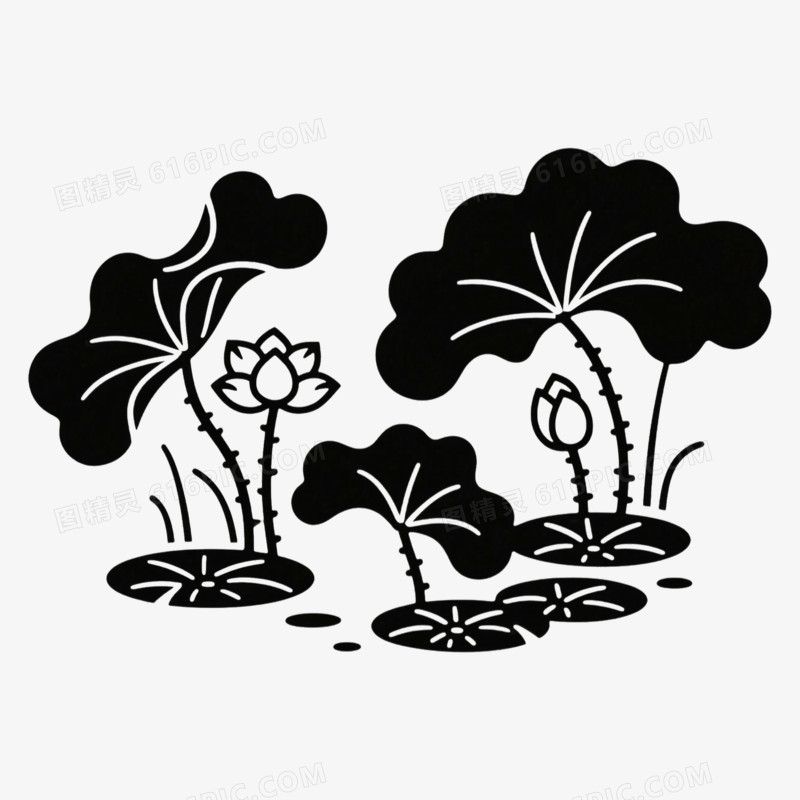 莲花一景古风古建筑简笔画免抠元素