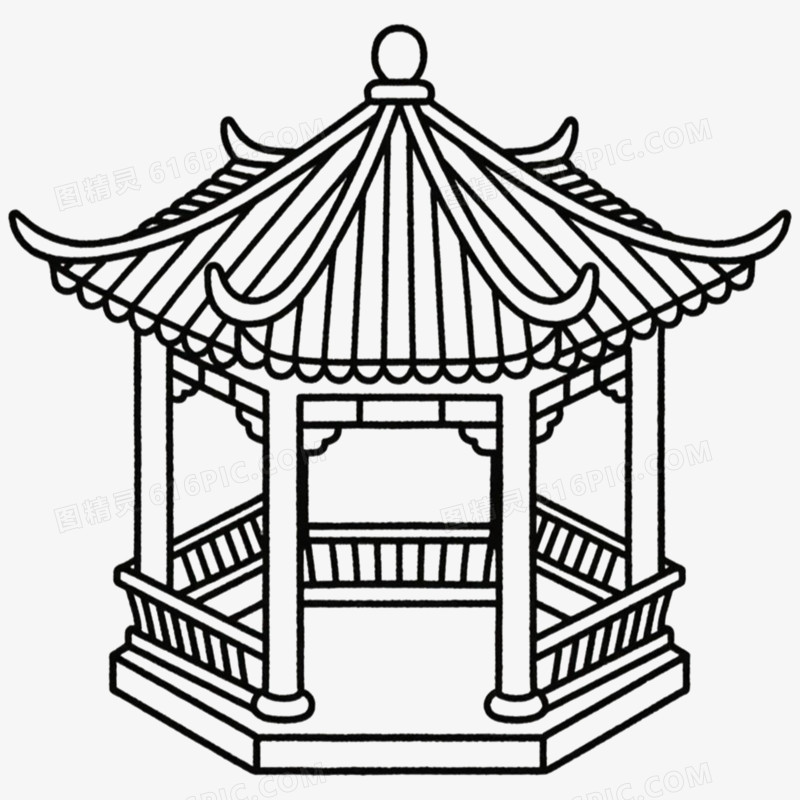 六角亭古风古建筑简笔画免抠元素