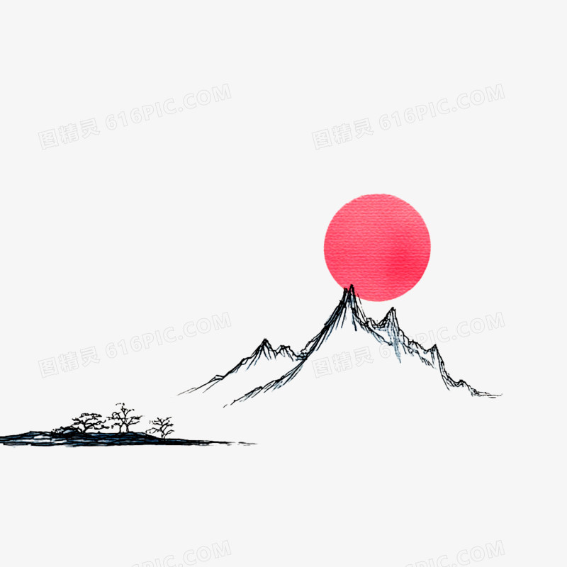 手绘卡古风简笔画山水免抠元素