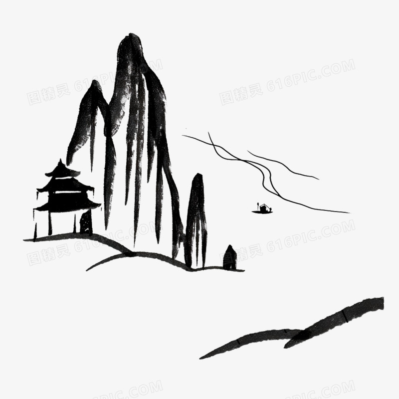 手绘卡古风简笔画山水免抠元素