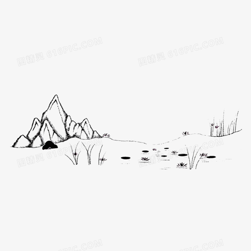 手绘卡古风简笔画山水免抠元素