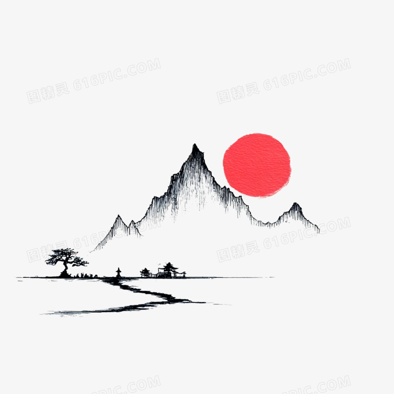 手绘卡古风简笔画山水免抠元素