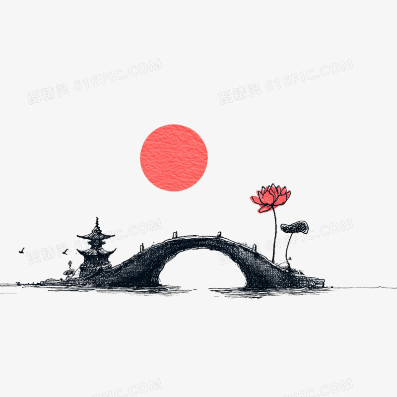 手绘卡古风简笔画拱桥免抠元素