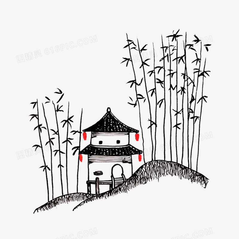 手绘卡古风简笔画建筑免抠元素